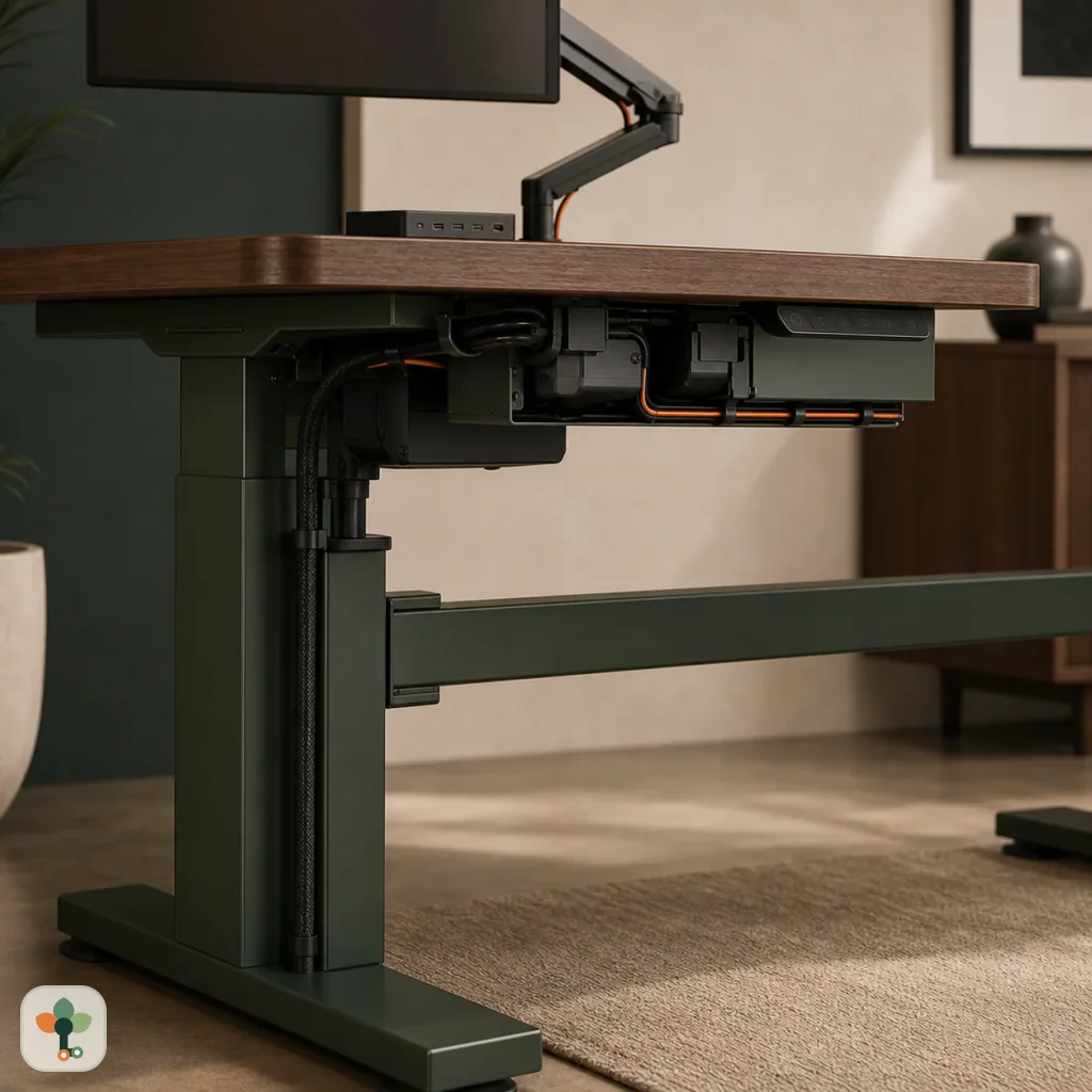 Integrated lift frame, power and cable routing beneath an SSDesk worktop