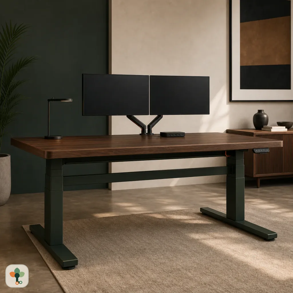 Wide SSDesk Executive electric standing desk configured for two displays