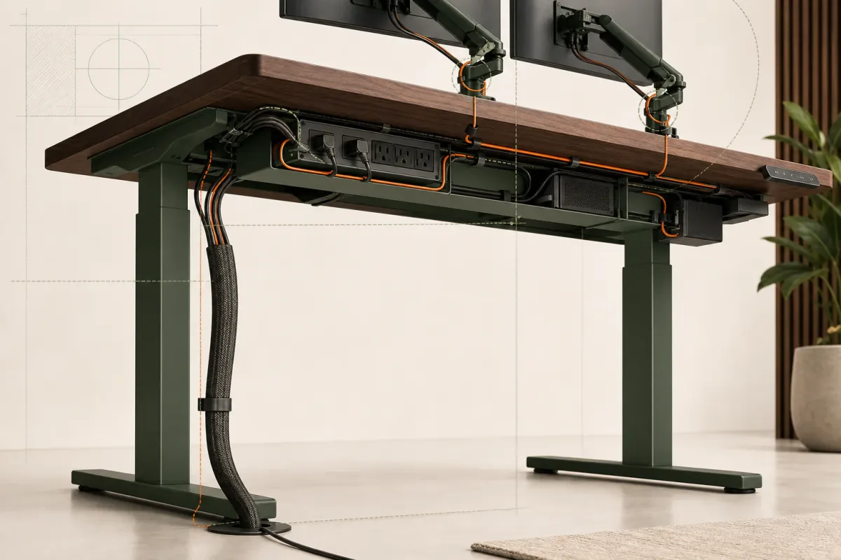 Managed power and cable routes beneath an electric standing desk