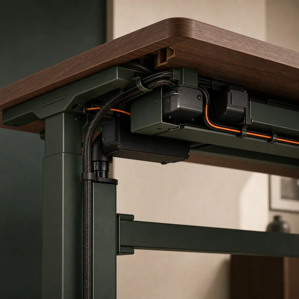 Close-up beneath the same walnut standing desk showing its green lifting column, motor housing and protected orange cable route