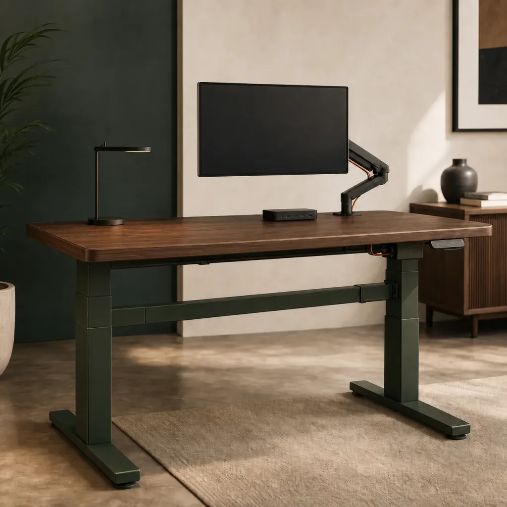 Dark-walnut electric standing desk with a deep-green lifting frame, monitor arm and integrated office technology in a warm modern workspace